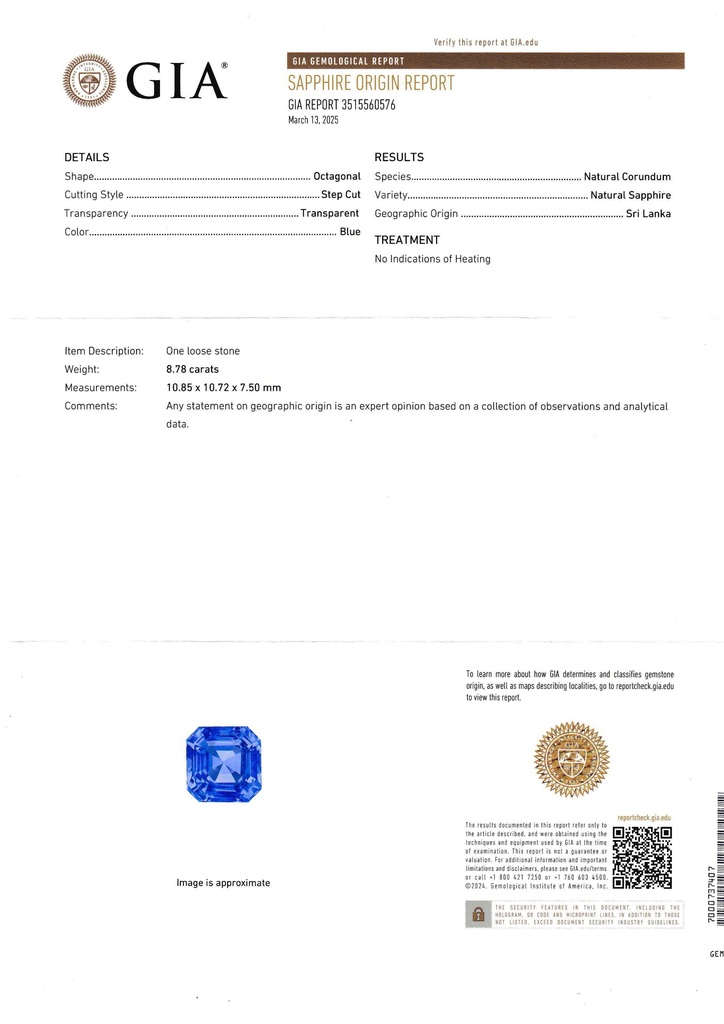 Ceylon Sapphire 10.85x10.72mm Emerald Cut