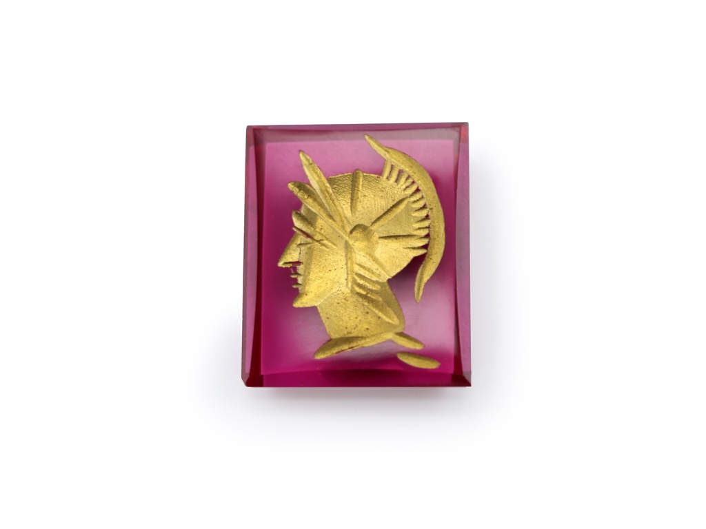 Synthetic/Lab Grown Ruby 12x10mm Rectangular Intaglio Gold Pink Red