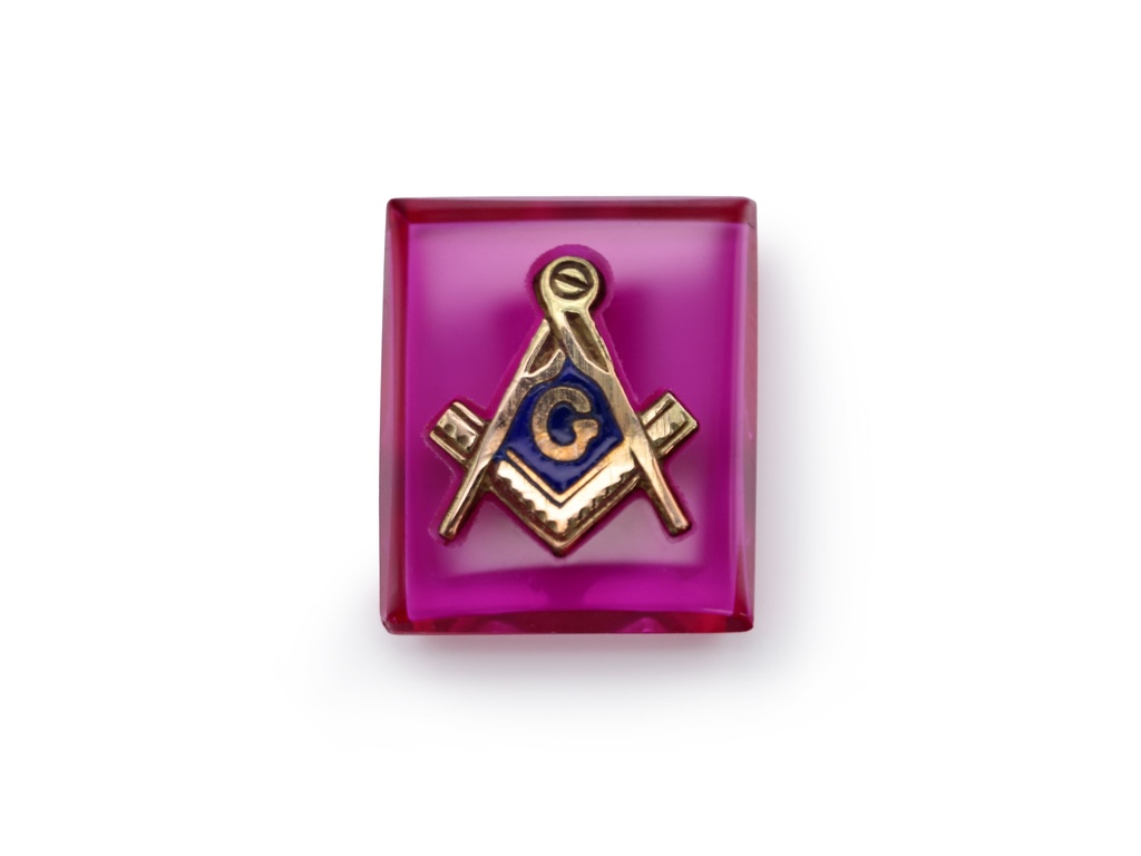 Synthetic/Lab Grown Ruby 12x10mm Rectangular Intaglio Masonic Gold Pink Red